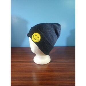 Black Beanie Hat Winking Emoji Fuzzy Face SG FOOTWEAR One Size Cuffed